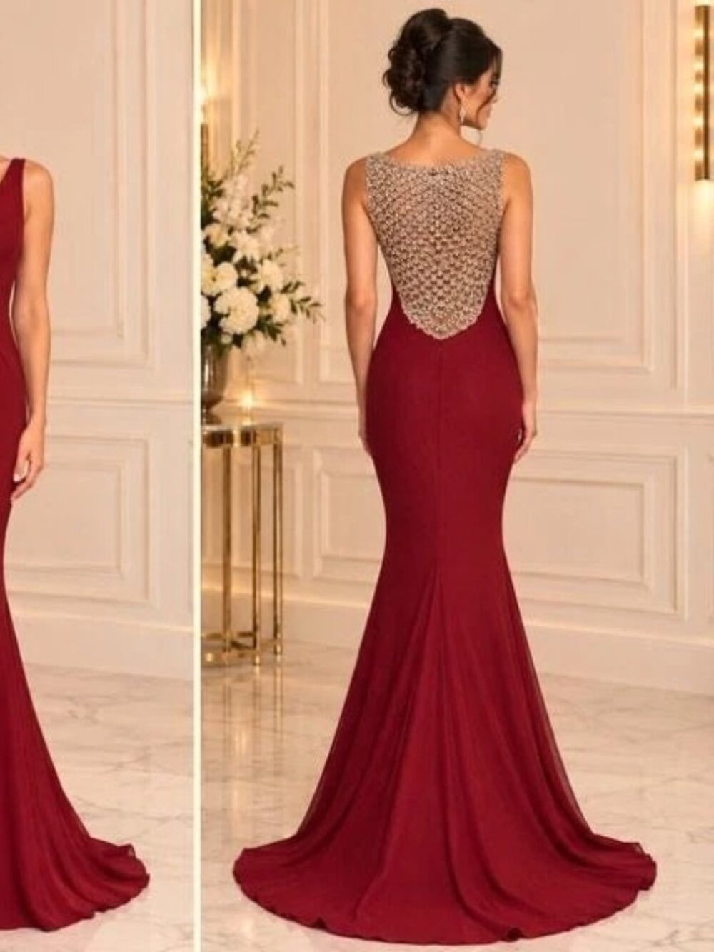 Blush Prom Wine Burgundy Crystal Beaded Back Jersey Gown
